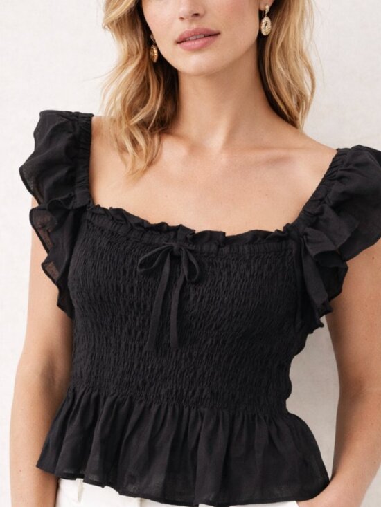 SUNCOO Tops - NWT SUNCOO PARIS Black Smocked Peplum Linen Blend Babydoll Flutter Sleeve Top T3
